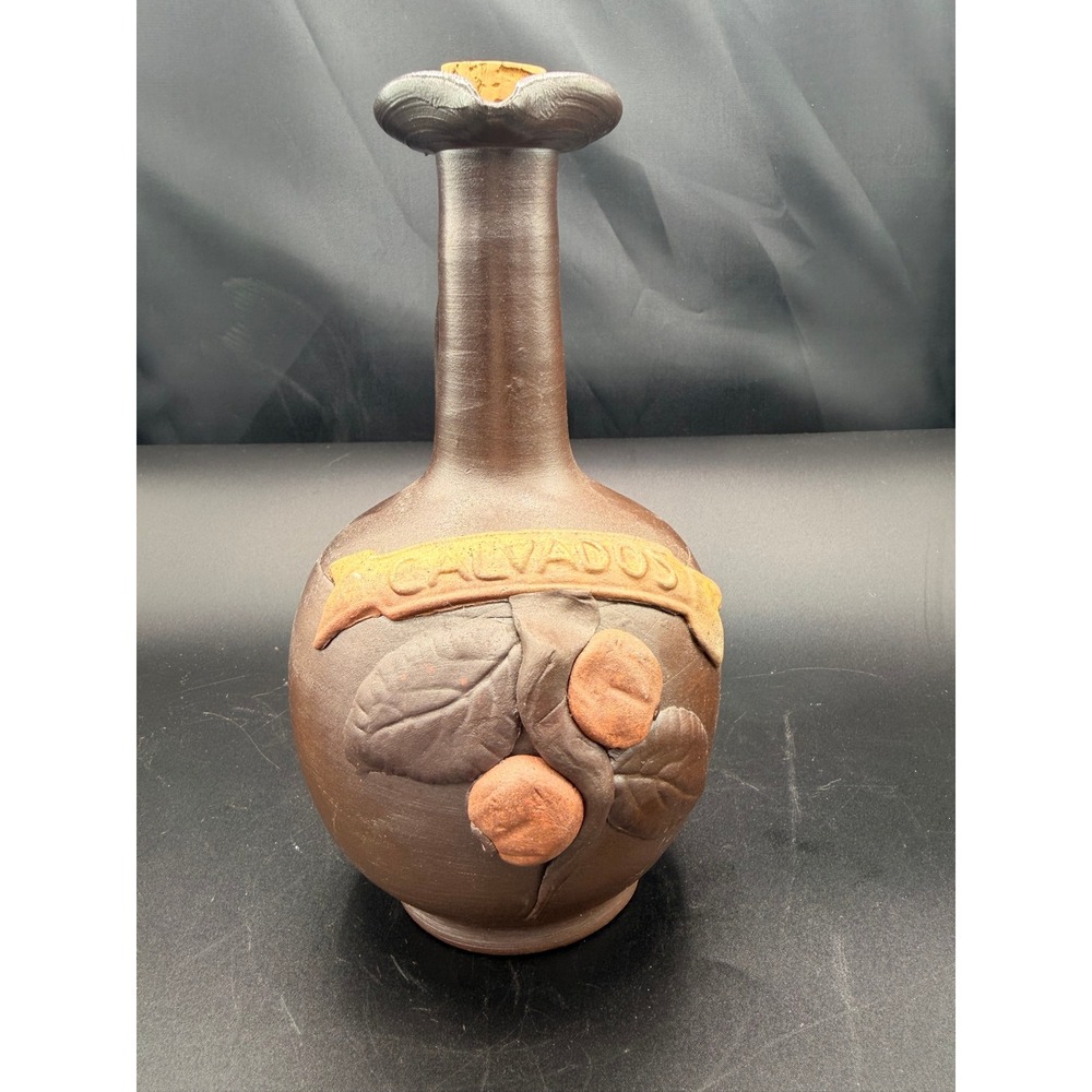Vintage Calvados Studio Pottery Decanter Brown Clay Apple Relief Pitcher Cork 60